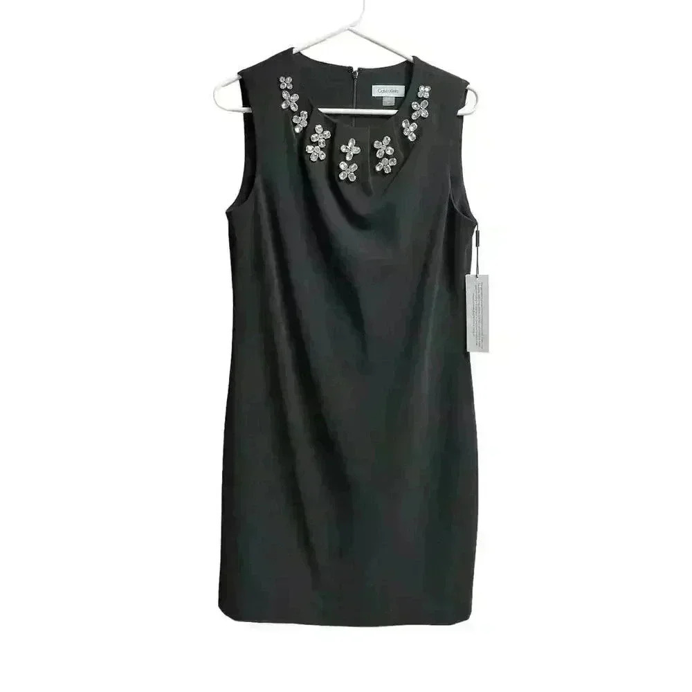 Calvin Klein Women's Sleeveless Shift Dress with Embellished Neck Trim Size 8